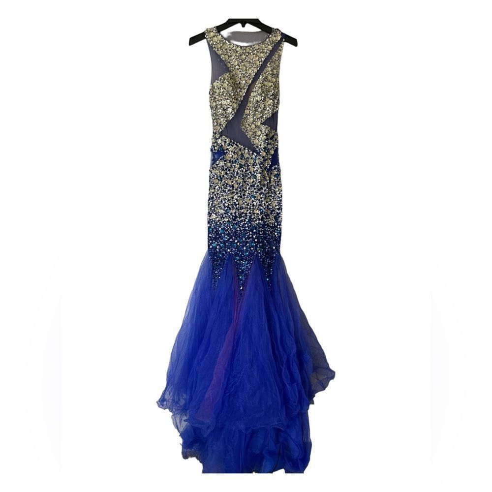 Sapphire and Silver Sequin Illusion Mermaid Gown
